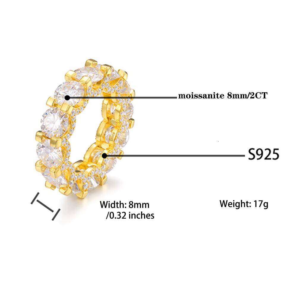 2ct 8.0mm Main Stone Inlaid Moissanite Ring for Men 18K Gold-Plated S925 Sterling Silver Ring Hiphop Style Rings