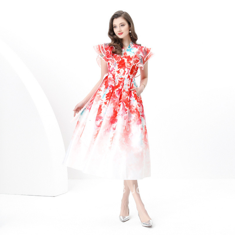 8870 Early Spring New Womens Vacation Wrap Tie V-neck Flutter Sleeve Long Dress Printed Dress