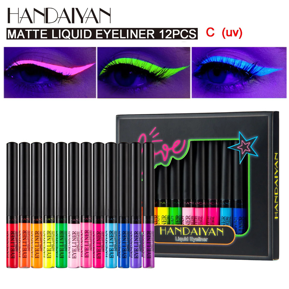 12 Colors Neon Eyeliner Pen Kit UV Light Pastels Pastel-Black Light Eye Makeup Waterproof Liquid Eyeliner Pencil Set Cosmetics 250717