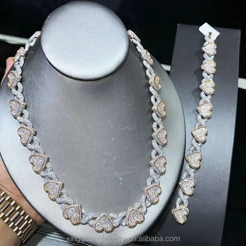 Rose Gold Iced Out Moissanite Heart Charms Infinity Links 13mm Wide S925 Sterling Silver Cuban Link Chains Bracelet Necklace