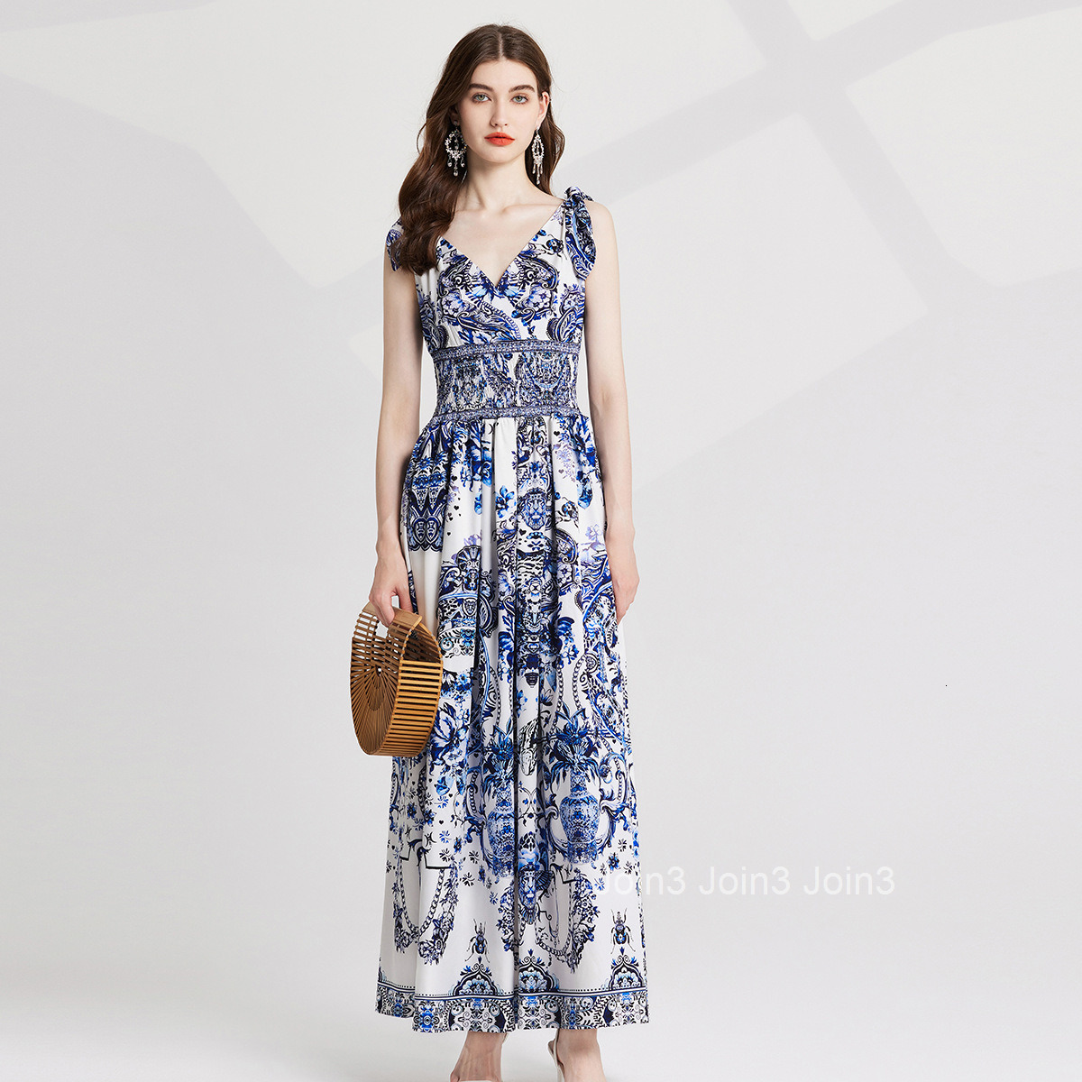 729 Summer New Womens Sexy V-neck Printed Elastic Waist Dress with Bow Tie Skirt