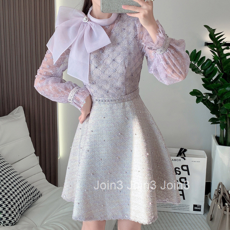 6966 autumn new womens clothing temperament nail bead mesh embroidered bow slim fit short skirt dress