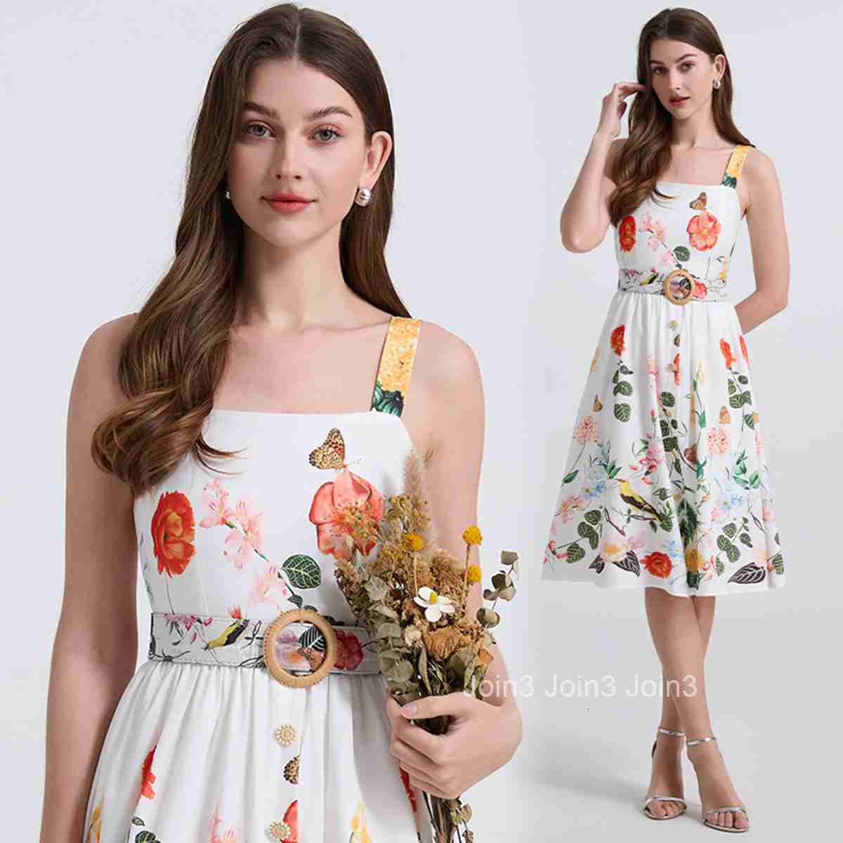 751 Summer Vacation Printed Sleeveless Strap Dress Woven Button Slim Fit Tank Dress