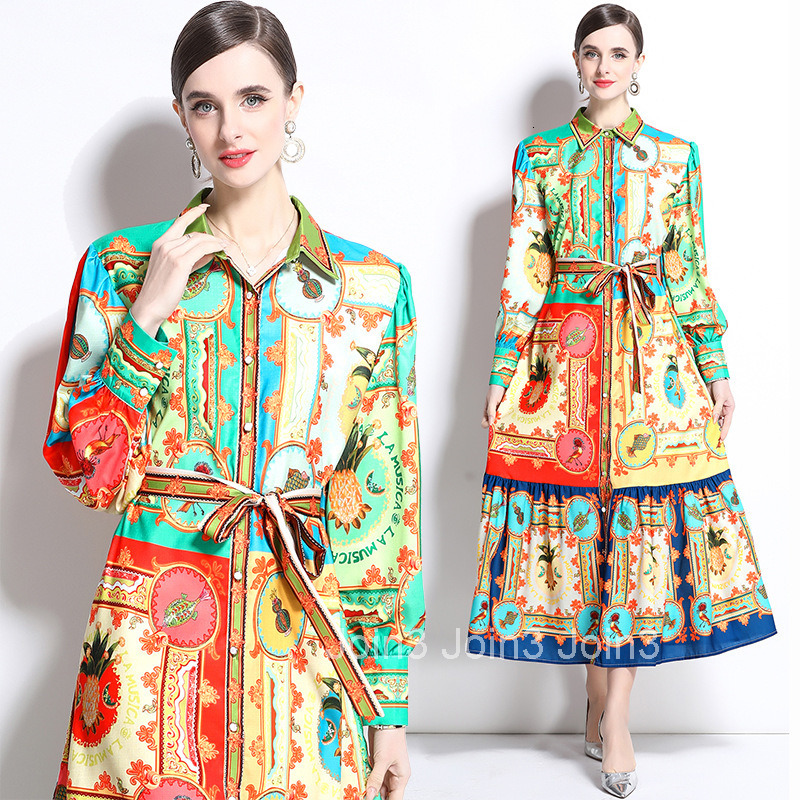 1237 Spring and Autumn New Cotton and Hemp Collar Lantern Sleeve Printed Dress Long Dress