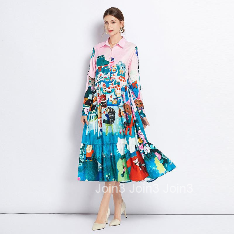 8463 Summer Autumn New Womens Fashion Printed Turn-Down Collar Long Sleeve Flared Long Dress