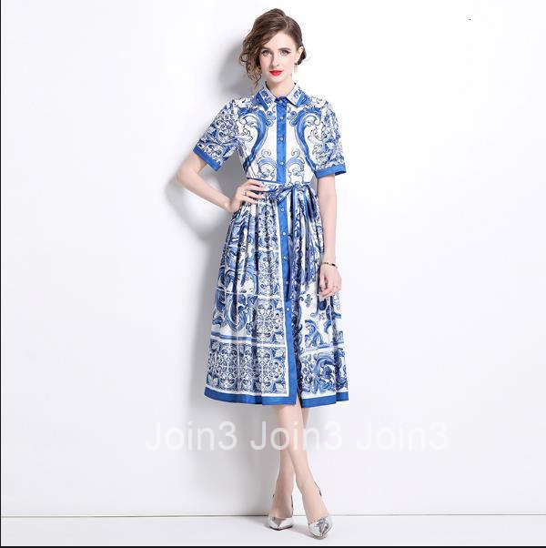 8763 Summer New Womens Fashion Waist-Cinching Blue and White Porcelain Print Short Sleeve Single-Breasted Cardigan Dress