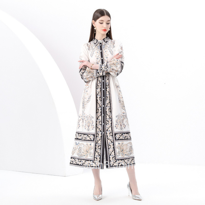 6145 Early Spring New Womens Clothing Style Elegance Style Flip Collar Lantern Sleeve Printed Long Dress