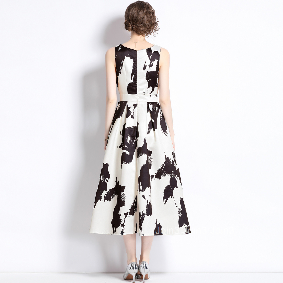 9068 Summer New Ink Art Print Round Neck Sleeveless High Waist A-Line Korean Style Slimming Dress Womens Umbrella Skirt