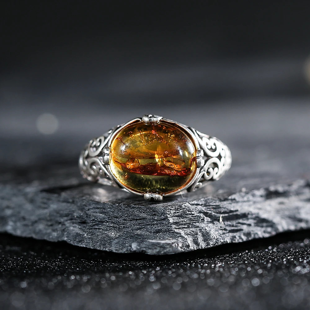 Vintage S925 Silver Wide Ring Natural Resin Amber Womens Ring Wedding Exquisite Jewelry Party Accessories Birthday Gift 250716