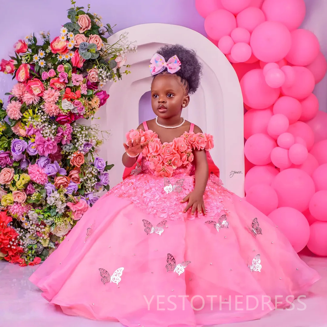 2025 Pink Flower Girl Dresses Children Birthday Dress Illusion Spaghetti Straps Flora Applique Beaded Lace Tiered Tulle Princess Queen Ball Gown For M