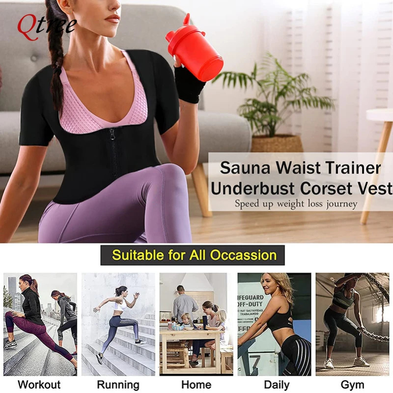 Qtree Sauna Sweat with Zipper Slimming Body Shaper Suits Women Waist Trainer Corsets Weight Loss Push Up Chest Arm Slimmer Vest 250716