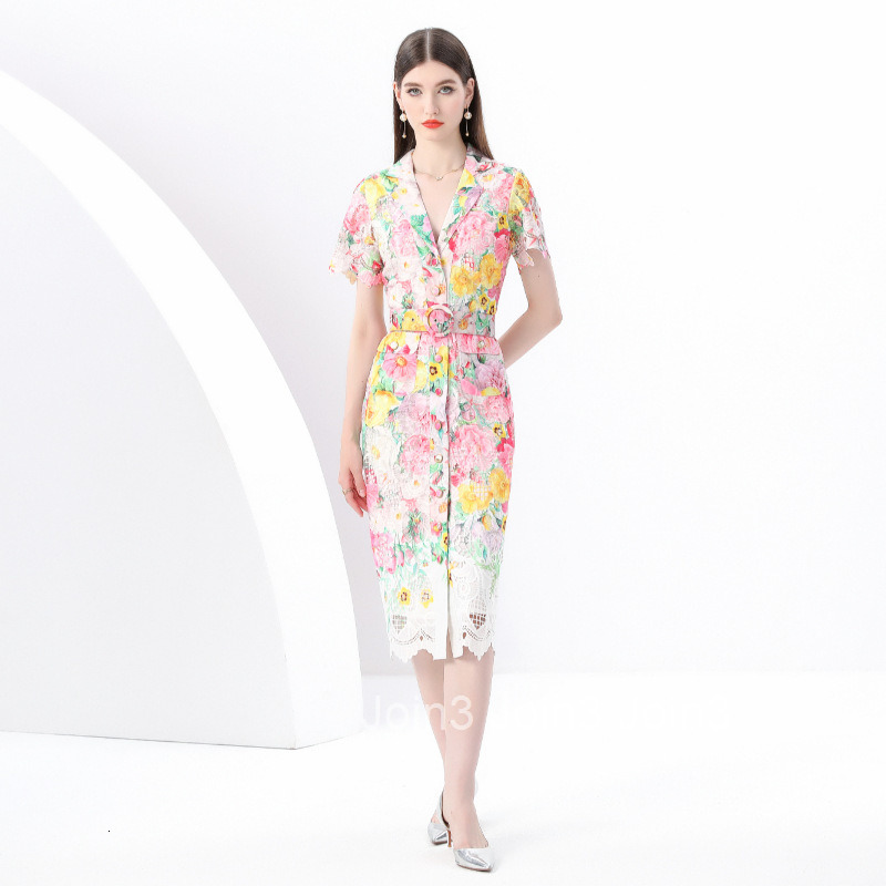 6193 Early Spring New Womens Suit Collar Short Sleeve Slim Lace Print Mid-Length Dress