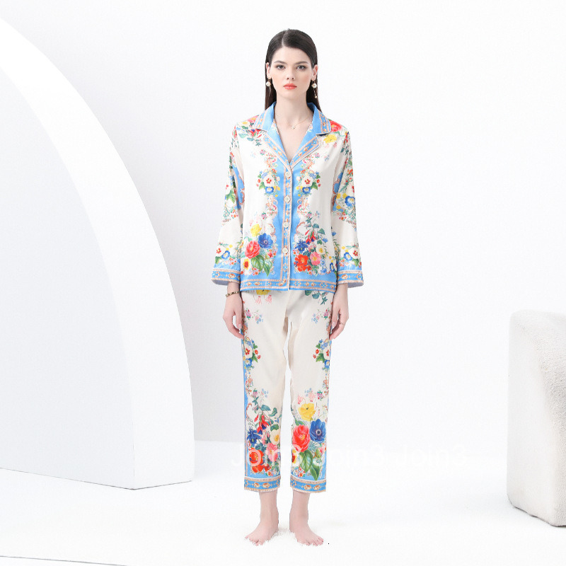 8822 Early Spring New Womens Casual Trimmed Pajama Set with Suit Collar Long Sleeve Long Pants Printed Two-Piece Set