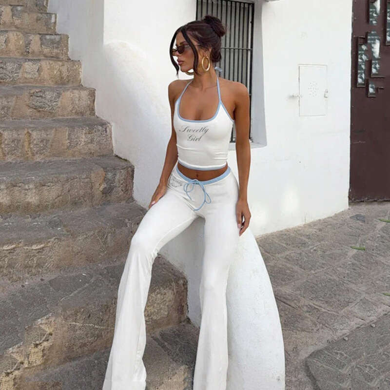 American Style Hot Girl Sports Letter Print Halter Neck Slim Fit Tie Micro Flare Pants Casual Two-Piece Set
