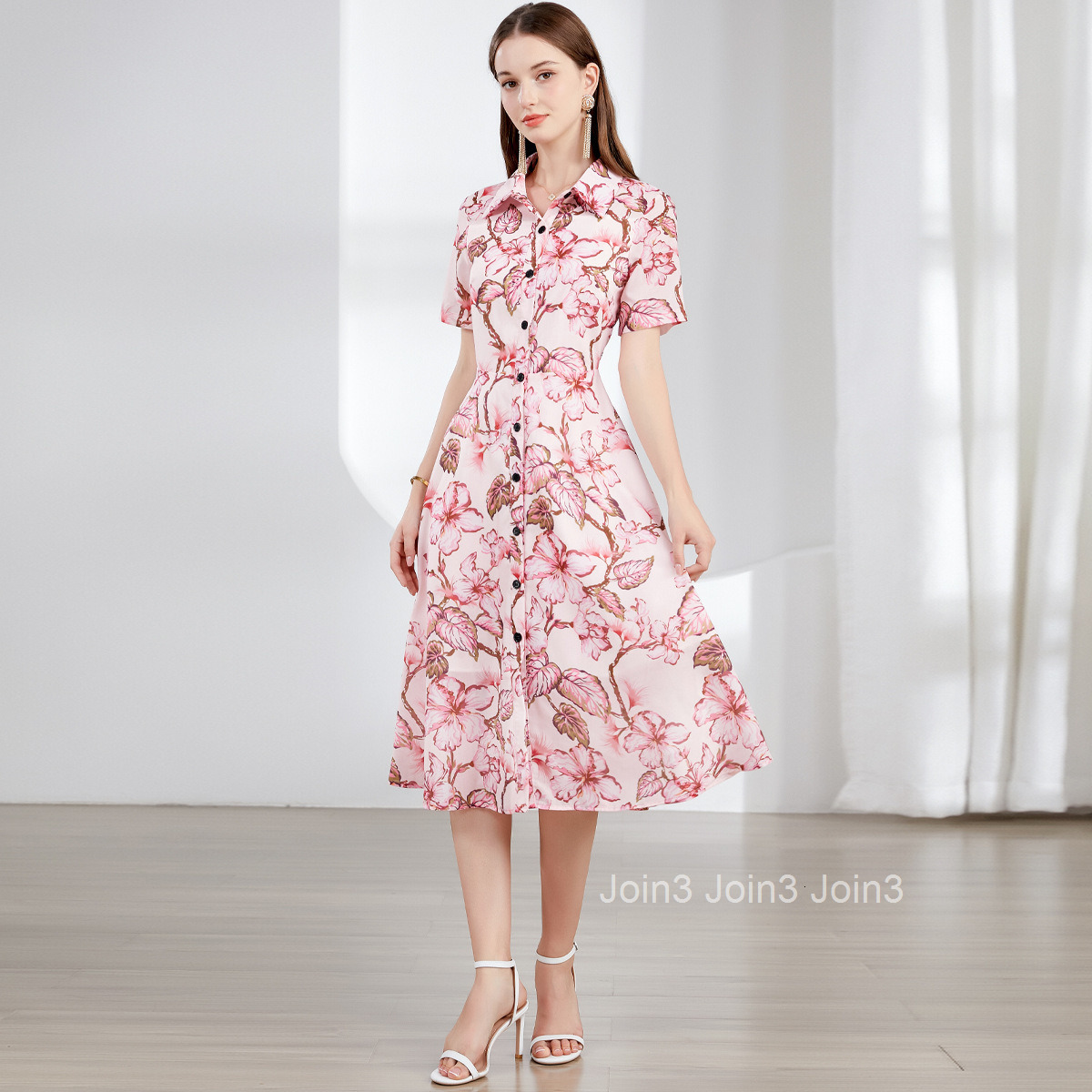 6849 Summer New Womens Printed Waist-Cinching Flared Collar Short Sleeve Dress (With Belt)