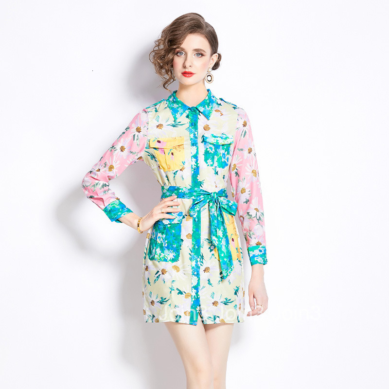 2472 Spring Summer New Womens Fashion Color Block Print Long Sleeve Waist-Cinching Turn-Down Collar Short Dress