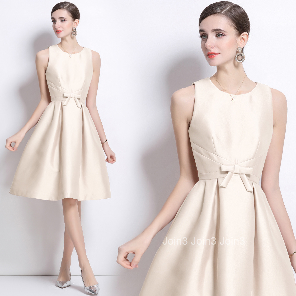 6884 Bowknot Satin Dress French Style Elegant Slim Mid-Length Dress