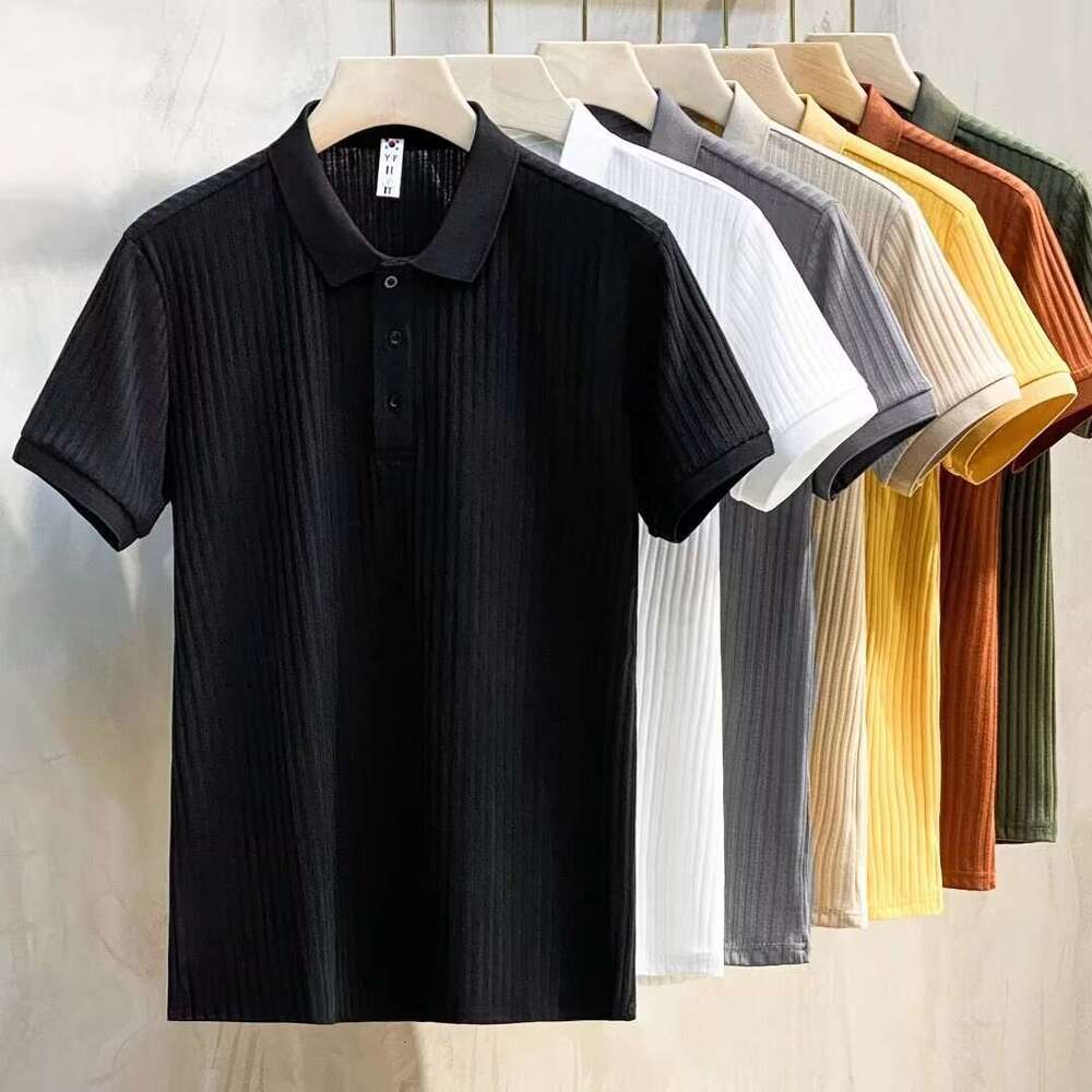 Business Ribbed Striped Mercerized Polo Shirt Short Sleeve Trendy Summer Top Turn-down Collar Men's T