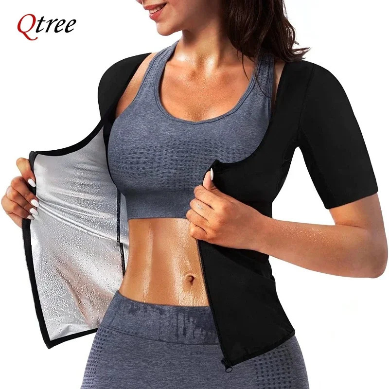 Qtree Women Sauna Sweat Polymer Corset Waist Trainer Sauna Tops Zipper Weight Loss Body Shaper Thermo Push Up Chest Shirt 250716