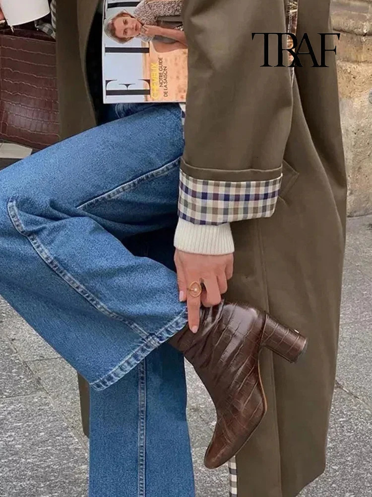 TRAF Womens Fashion Long Trench Coat Retro Loose Single-breasted Coat Autumn and Winter Lapel High Street Temperament Coat 250718