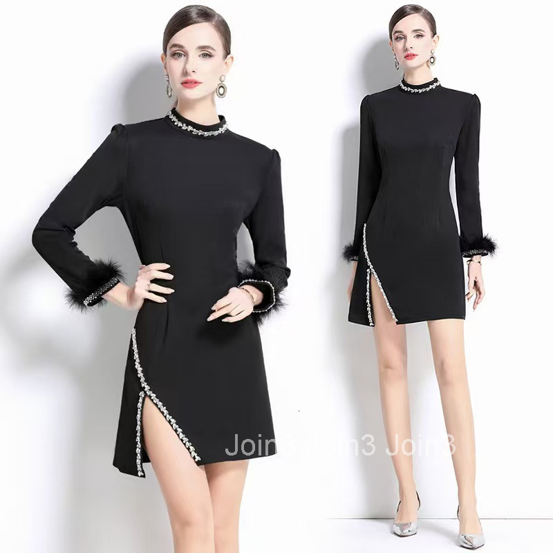 6601 Spring and Autumn New Womens Dress with Diamond Bead Split Hip Wrapping Small Dress Feather Long Sleeve Dress