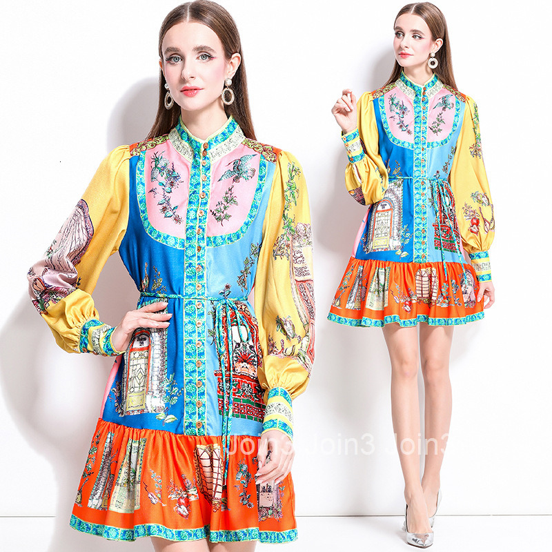 1244 Spring New Printed Lantern Sleeve Ruffle Dress