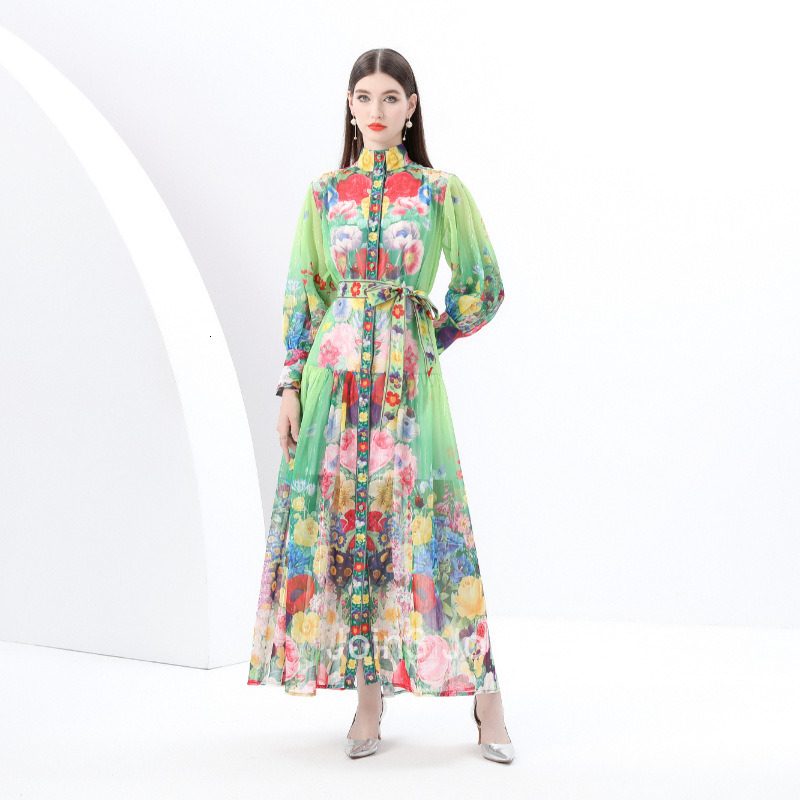 6160 Early Spring New Womens Stand up Collar Lantern Sleeve Large Swing Long Dress Printed Dress Two Piece Set