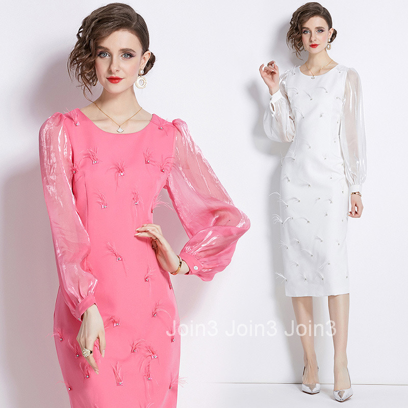 8722 Spring and Autumn New Womens Fashion Elegant Round Neck Lantern Sleeve Rhinestone Embellished Furry Mid-Length Dress