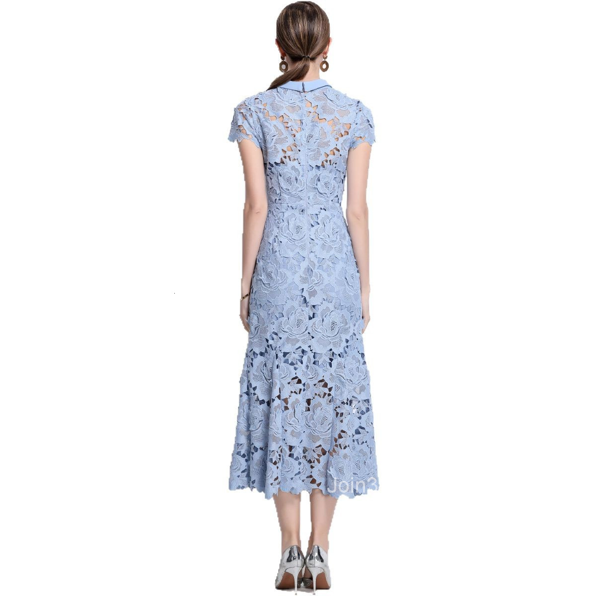 1692 Spring and Summer New Elegant High Neck Round Neck Short Sleeve Water Soluble Lace Dress