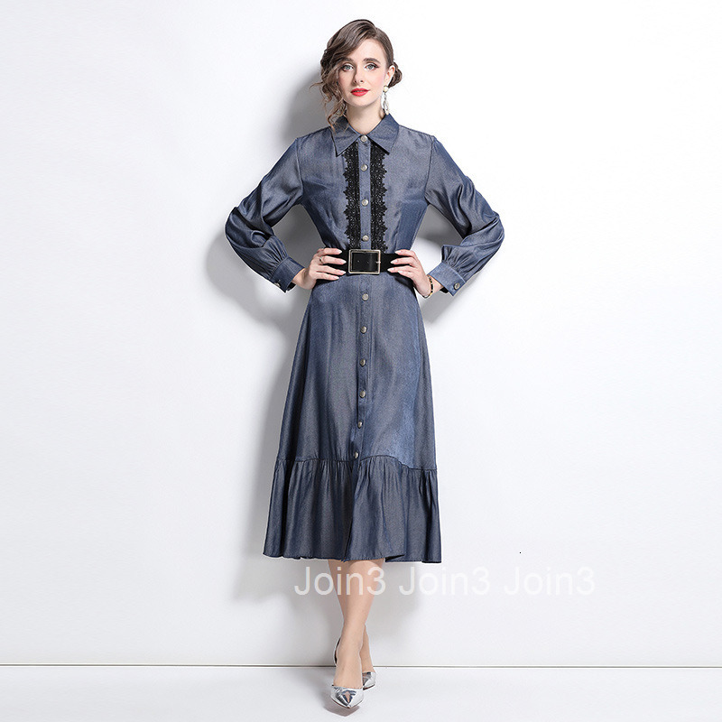 8559 Spring and Autumn New Womens Dress Lace Splicing Style Fashionable Shirt Style Large Swing Long Dress