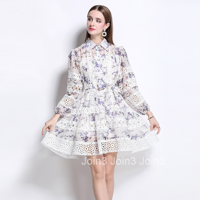5157 Spring New Long Sleeve Hollow Lace Patchwork Printed Dress