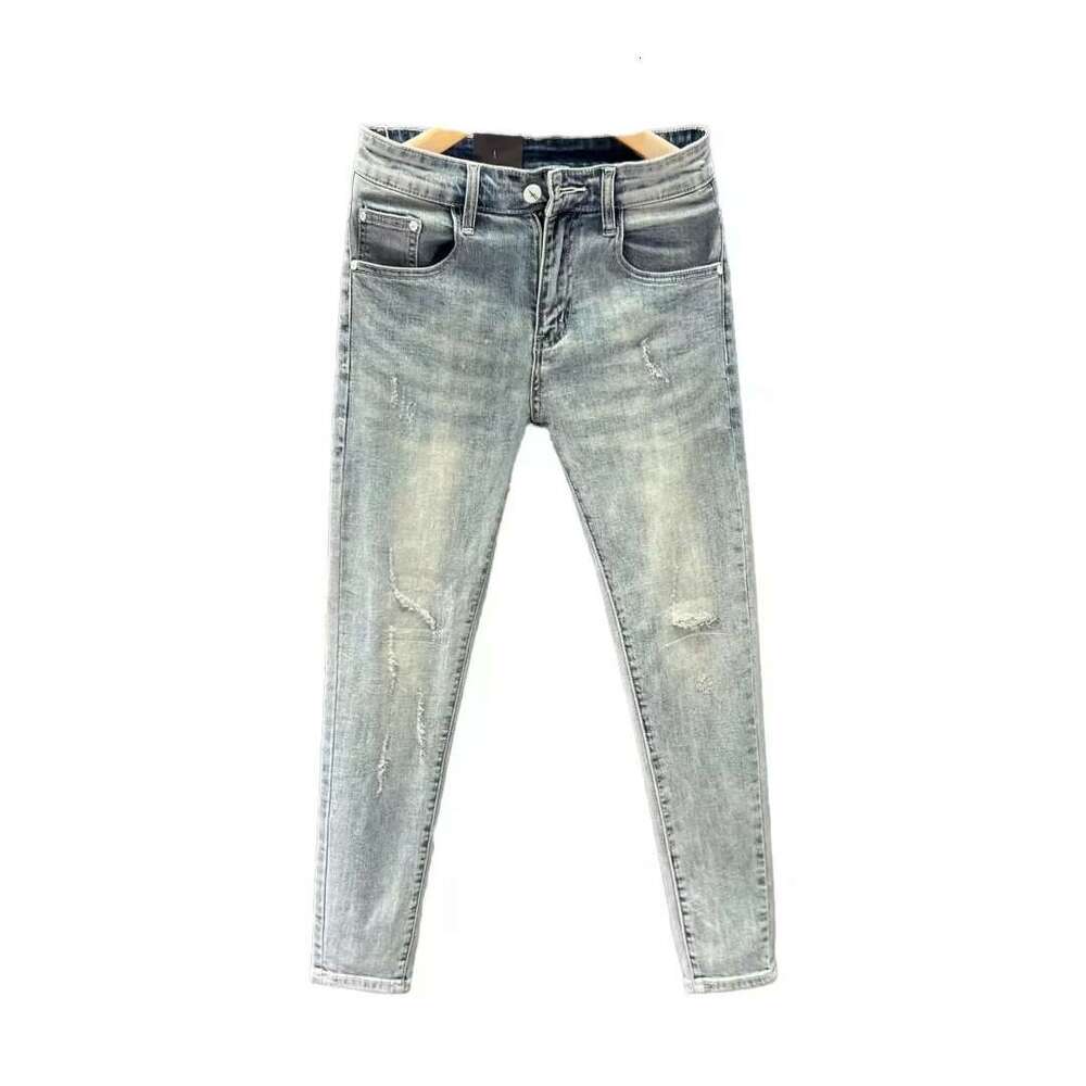 Summer Distressed Light-colored Wear-resistant Jeans for Men, Nine-tenths Length, Trendy Brand, Stylish Korean Version, Versatile Slim Fit, Skinny 9/1