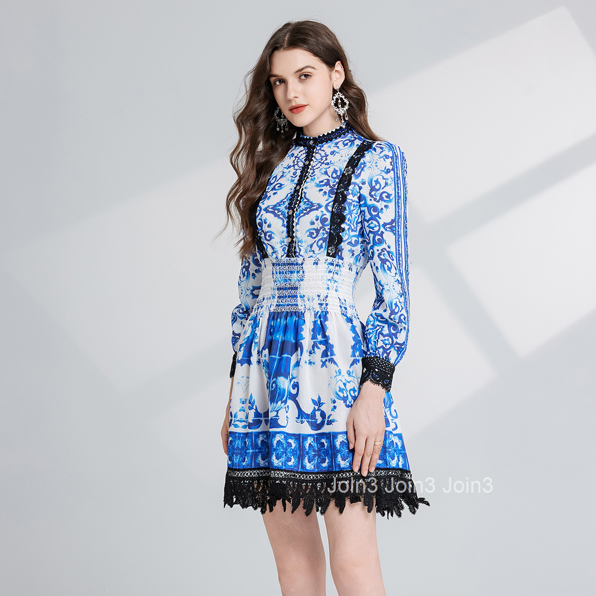 721 Autumn New Womens Clothing Blue and White Porcelain Printed Embroidered Hollow Lace High Waist Long Sleeve Slimming Dress