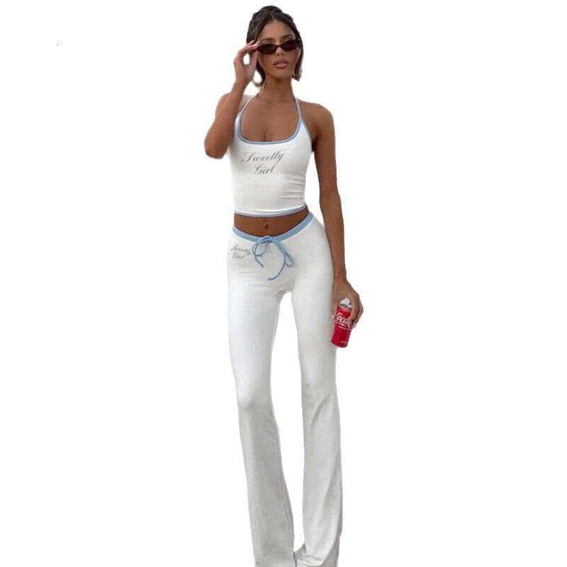 American Style Hot Girl Sports Letter Print Halter Neck Slim Fit Tie Micro Flare Pants Casual Two-Piece Set