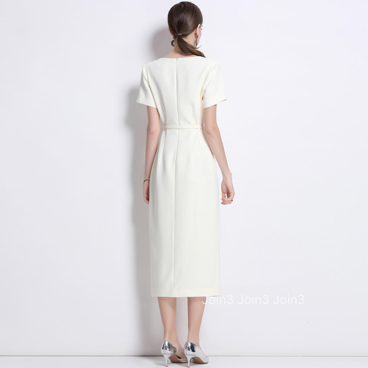 9614 Spring Summer New Womens Fashion Square Neck Short Sleeve Dress Slim Fit Dress with Belt