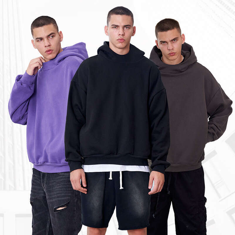 Autumn Winter New Short Wide Trendy Hoodie High-Quality Loose Solid Color Fleece Drop Shoulder Men's Pullover Sweatshirt