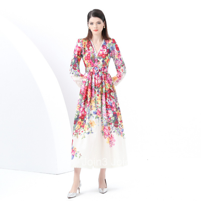 6072 Early Spring New Womens Clothing Elegance Style V-neck Lantern Sleeve Printed Long Dress