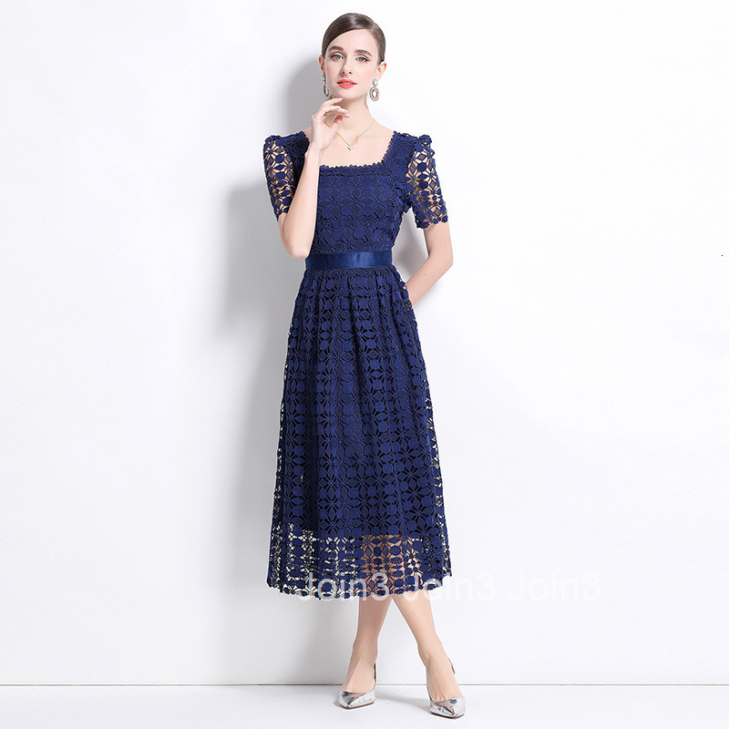 703 fashion slimming hollow out water-soluble lace positioning mid length dress