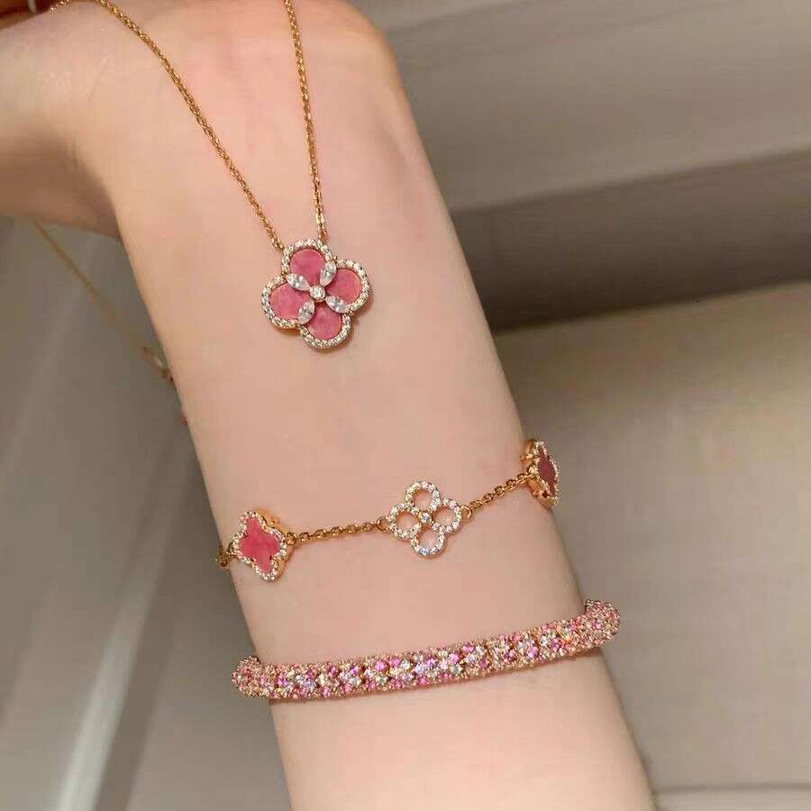 designer jewelry Rose Pink Flower Clover bracelet Set for Women with gift box