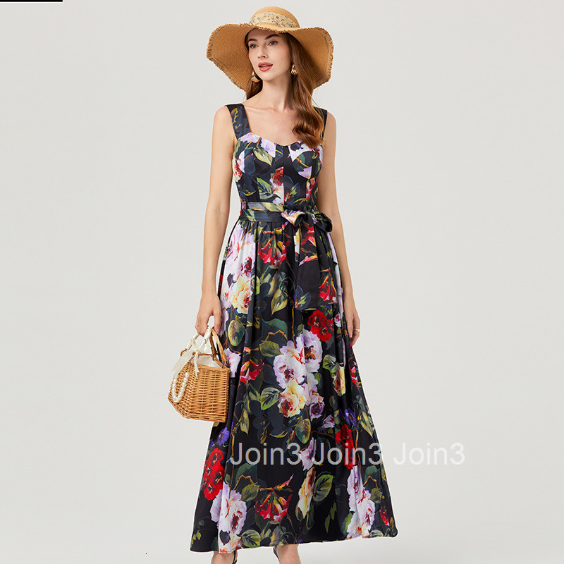 639 Spring Summer New Womens Printed 3D Chest Pad Strap Dress Slim Fit High Waist Flared Dress