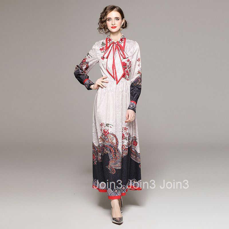 8686 Spring and Autumn Fashion Color-Block Paisley Print Long Dress with Bow Tie and Tie
