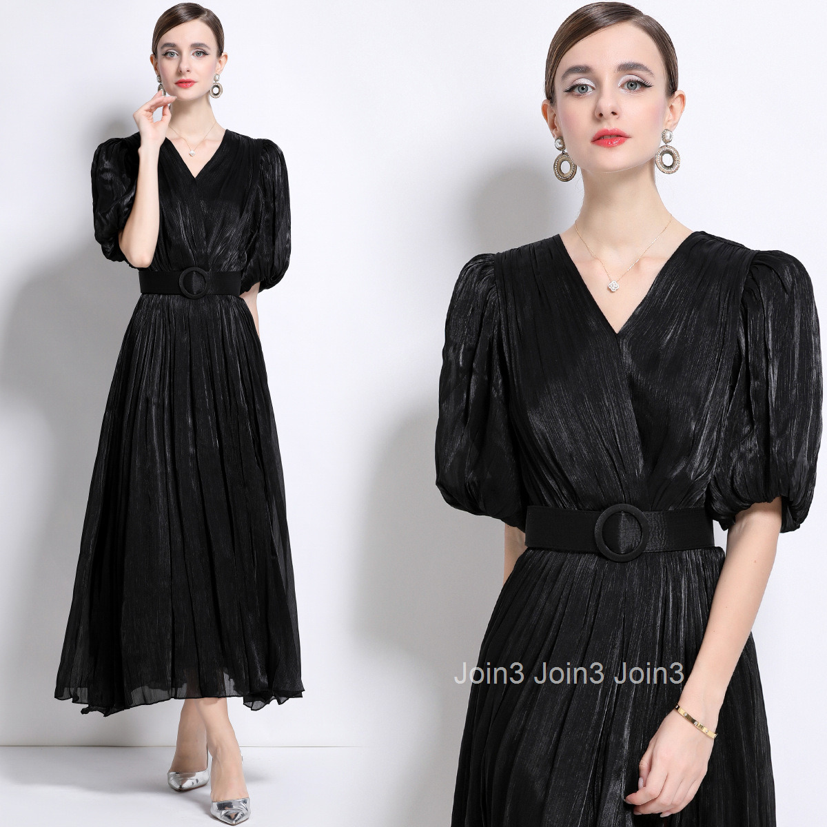 1600 Puff Sleeve Pleated Slim Fit Mid-Length Dress Korean Style Long Dress