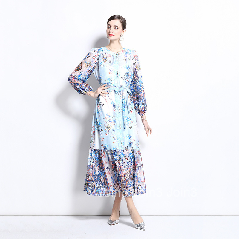1238 Spring/Summer New Silk and Hemp Stand Collar Lantern Sleeve Printed Dress Long Dress