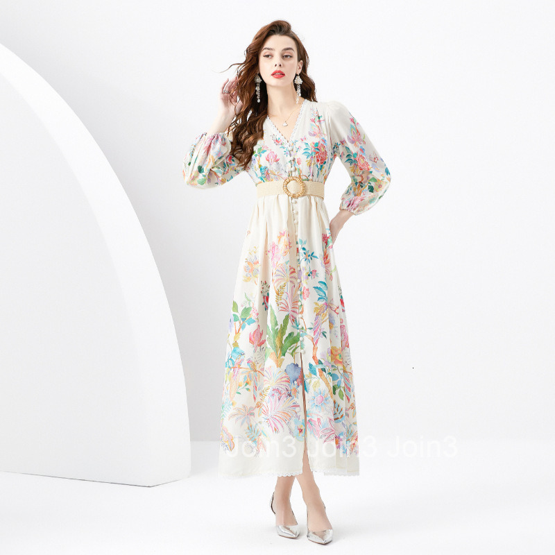 6272 Spring Summer New Womens Vacation Style V-Neck Lantern Sleeve Printed Flared Long Dress