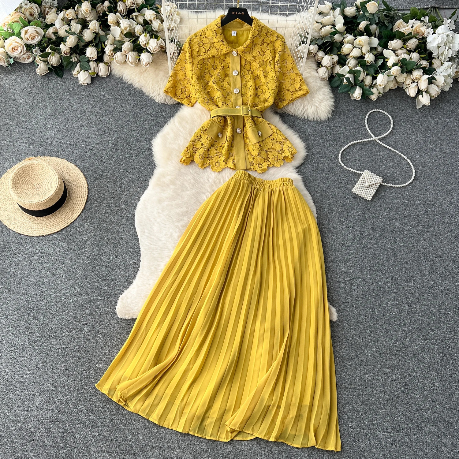 Women Chic French Two Pieces Sets Lapel Short Sleeve Shirt Elegant High Waitst A-line Pleated Skirt Chiffon Fashion Summer Sets 250714