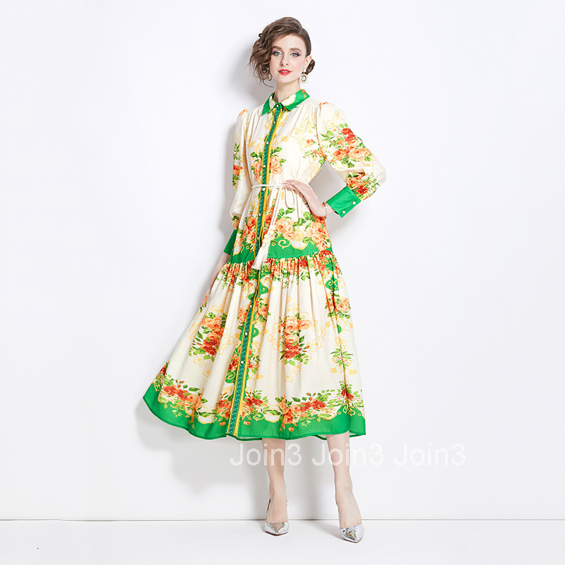 1211 Spring and Autumn New Cotton Linen Turn-Down Collar Lantern Sleeve Printed Long Dress