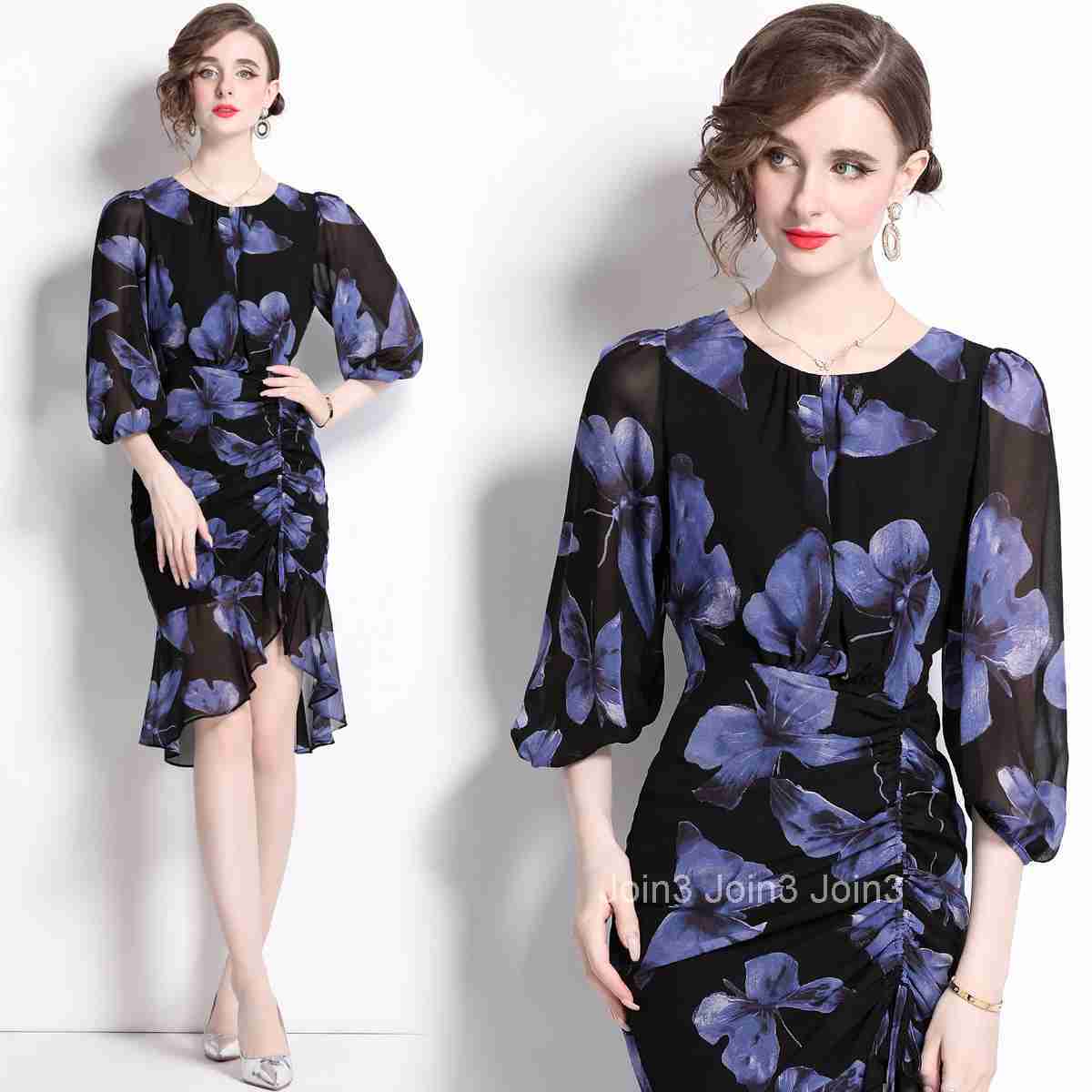 5819 Spring Summer New Womens Fashion Elegant Mermaid Hem Floral Dress Lantern Sleeve Slim Fit Mid-Length Dress