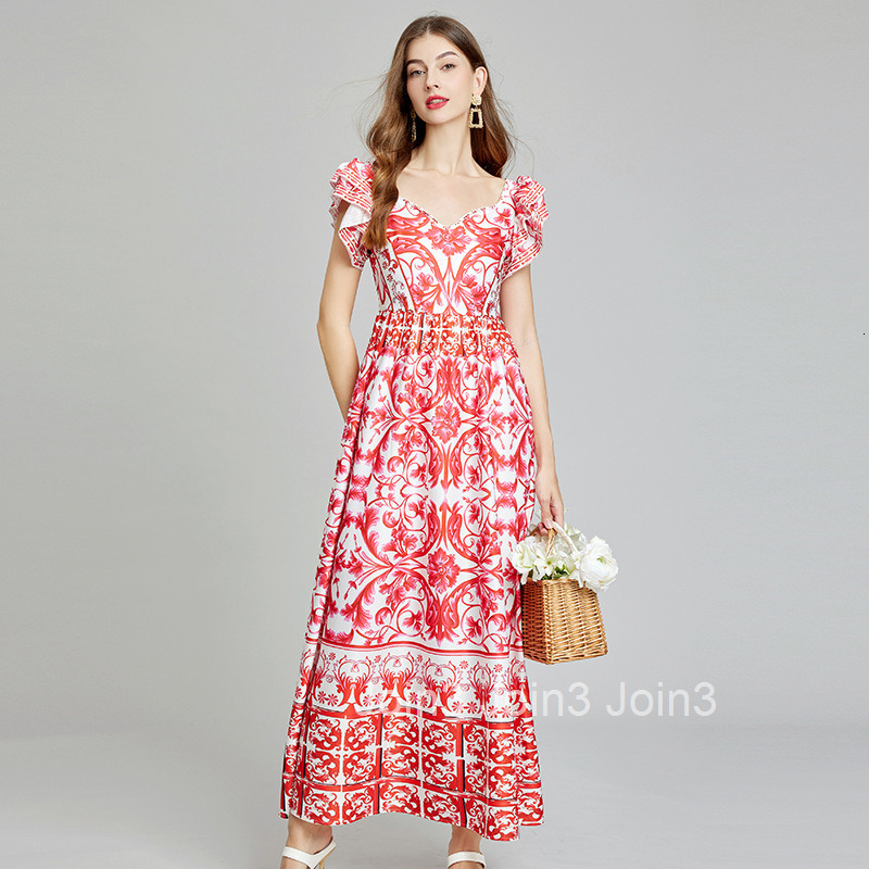 Summer New Arrival Positioning Printed V-Neck High Waist Flared Dress Slim A-Line Dress