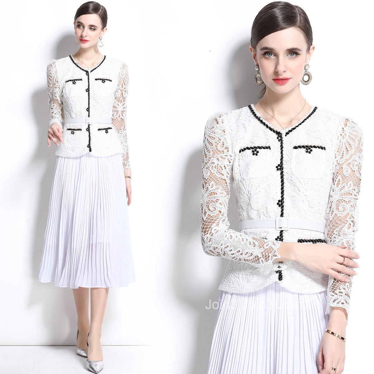 1680 Spring and Autumn New Womens Clothing Style Fashionable Fake Two piece Lace Hook Flower Long Sleeve pleated Dress