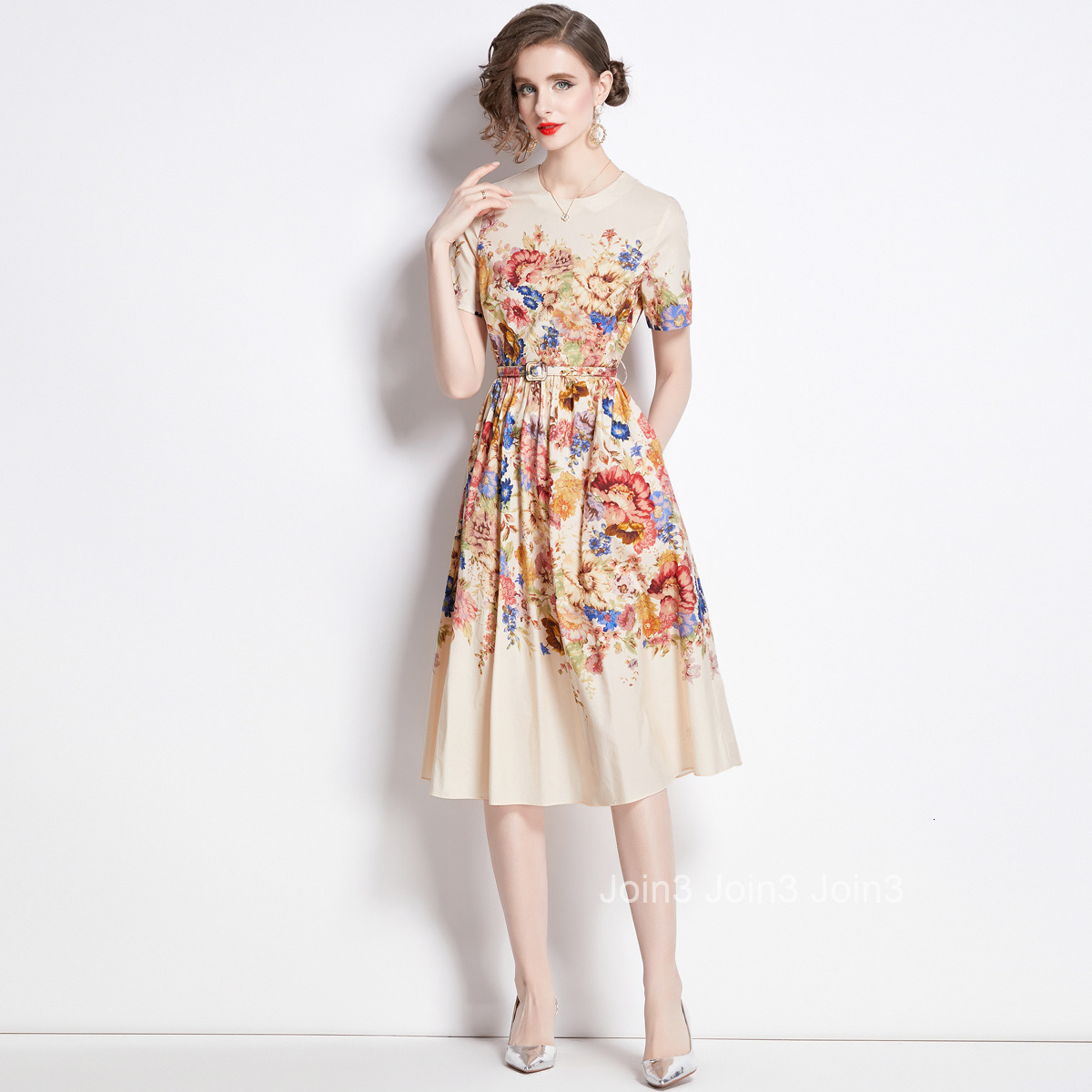 1642 Summer New Womens Fashion Elegant Color Block Printed Round Neck Waist Slimming Short Sleeve Mid-Length Dress